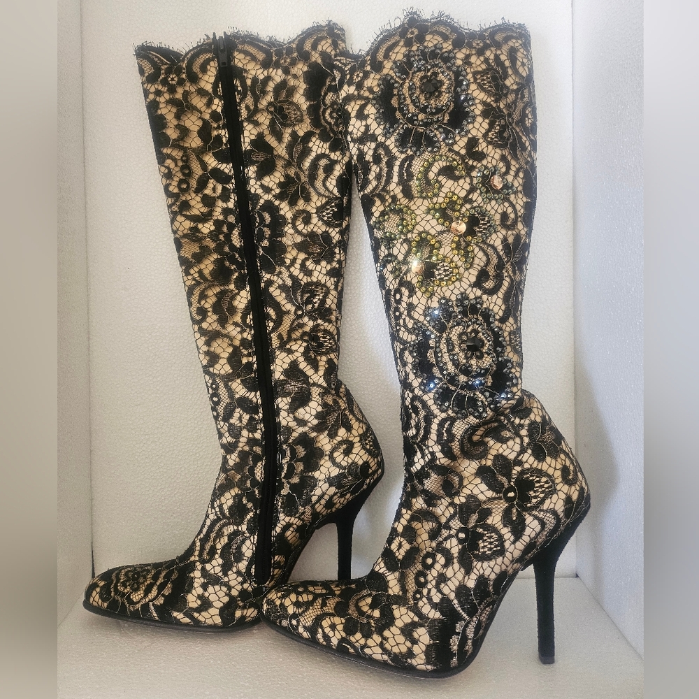 Elegant Black Lace Knee-High Boots